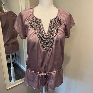 Filtre Lavender silky short sleeve blouse with beadwork, Size S/P